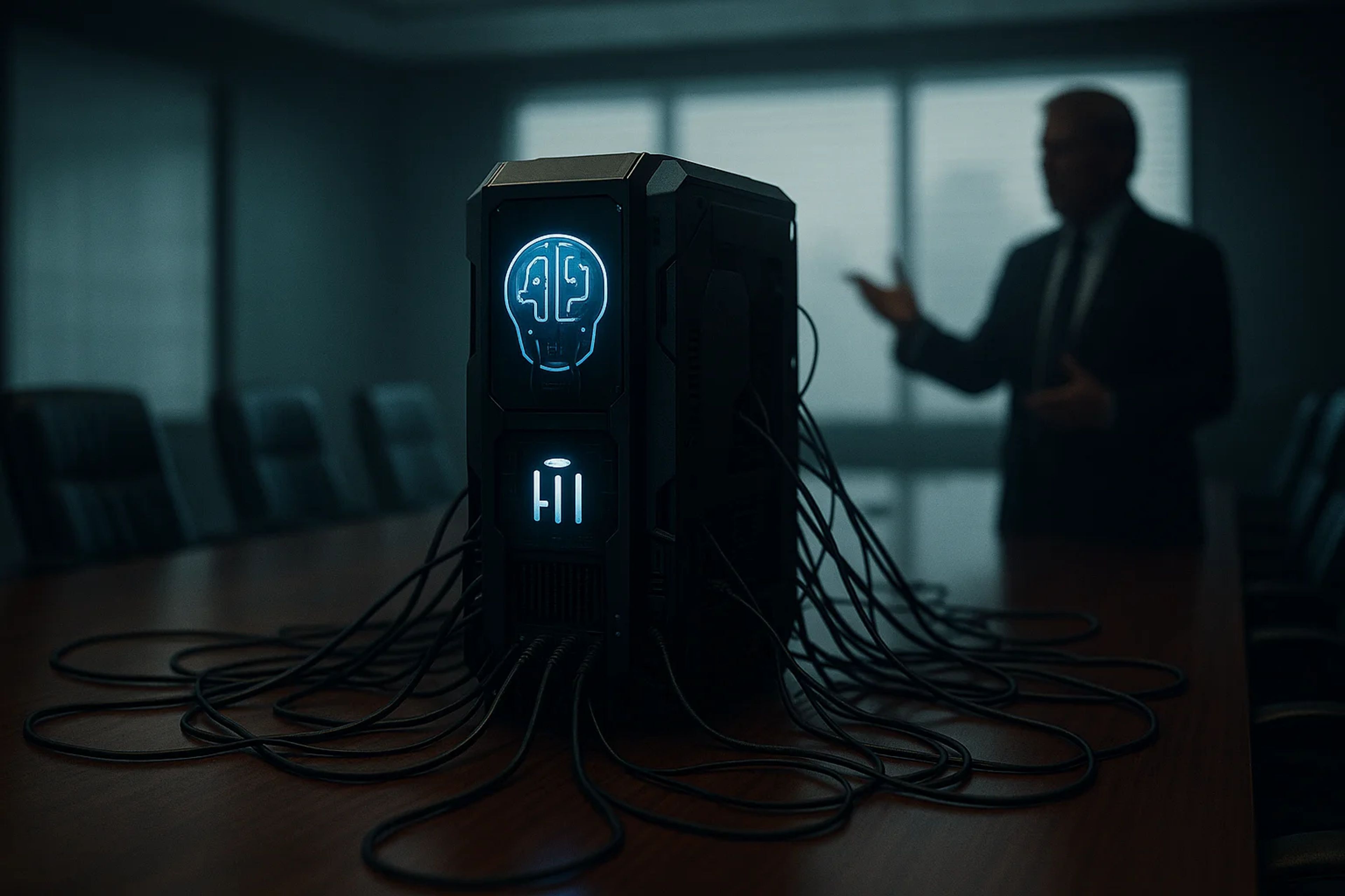 A futuristic computer tower with glowing blue