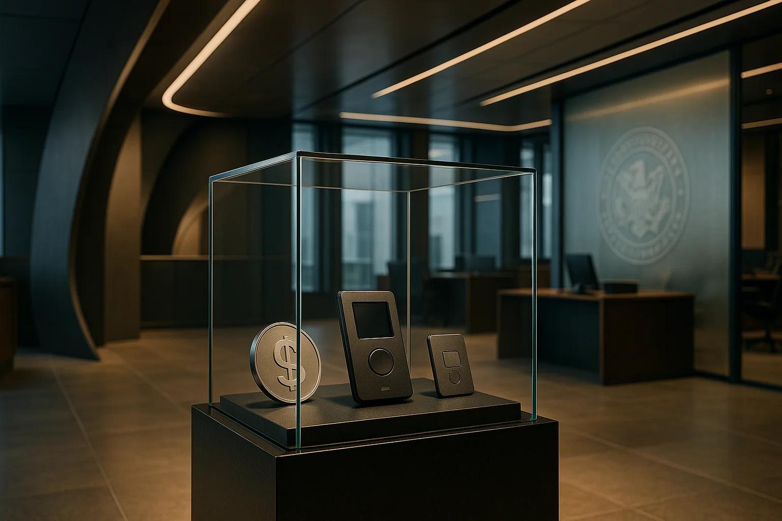 Display case with three items in a modern office