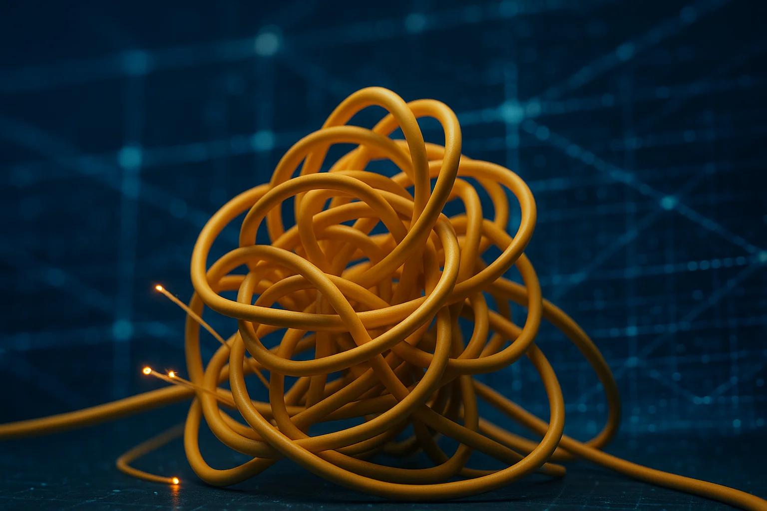 Tangled yellow cables on a dark blue background