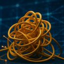 Tangled yellow cables on a dark blue background
