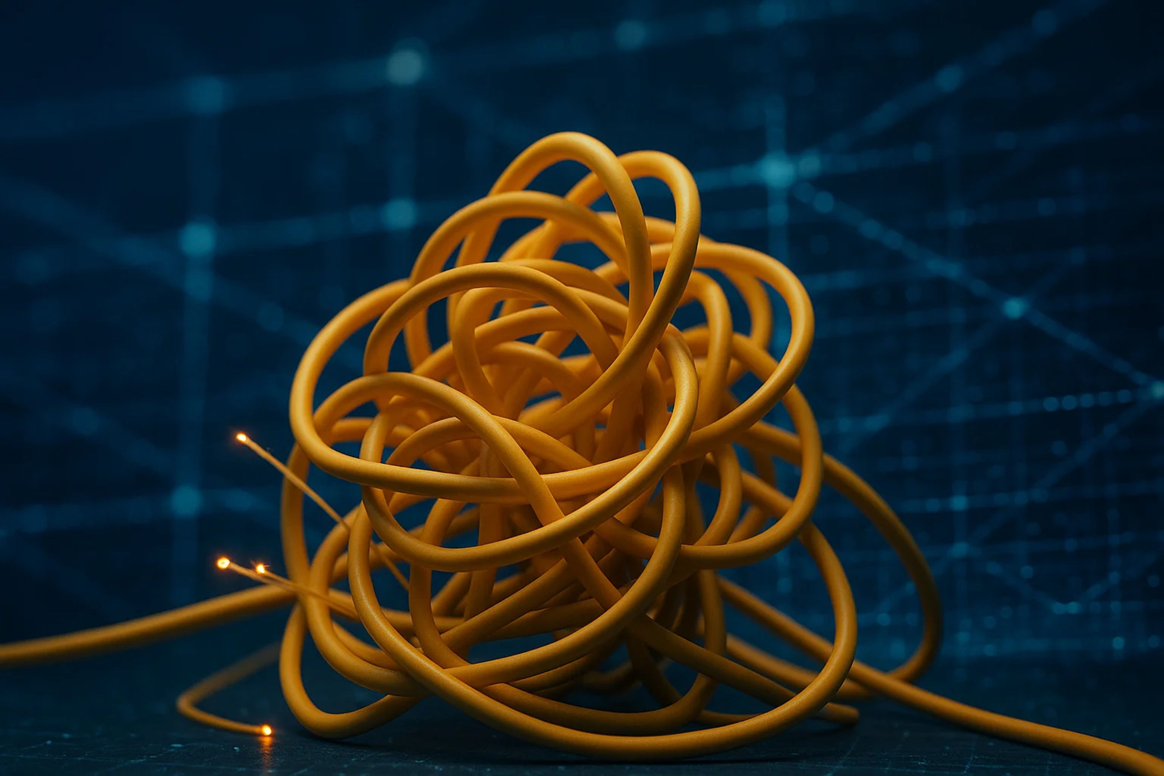 Tangled yellow cables on a dark blue background