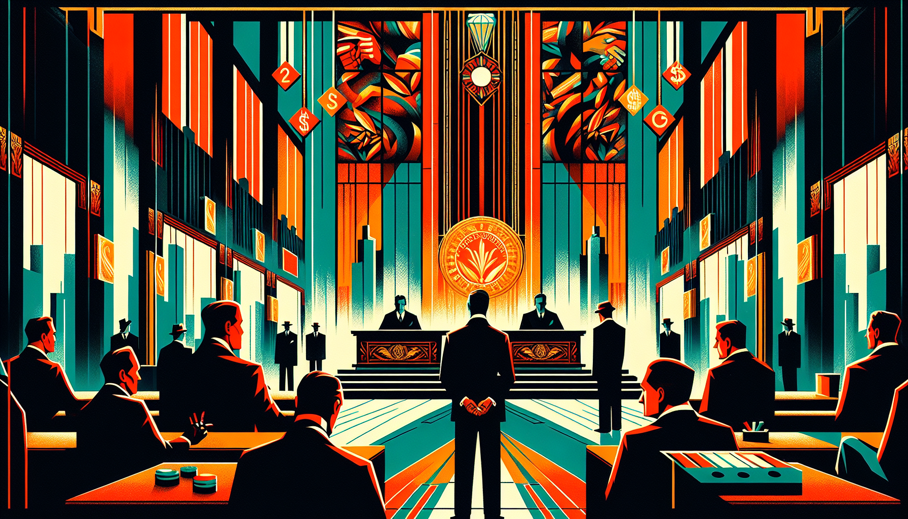 Stylized courtroom with figures in suits