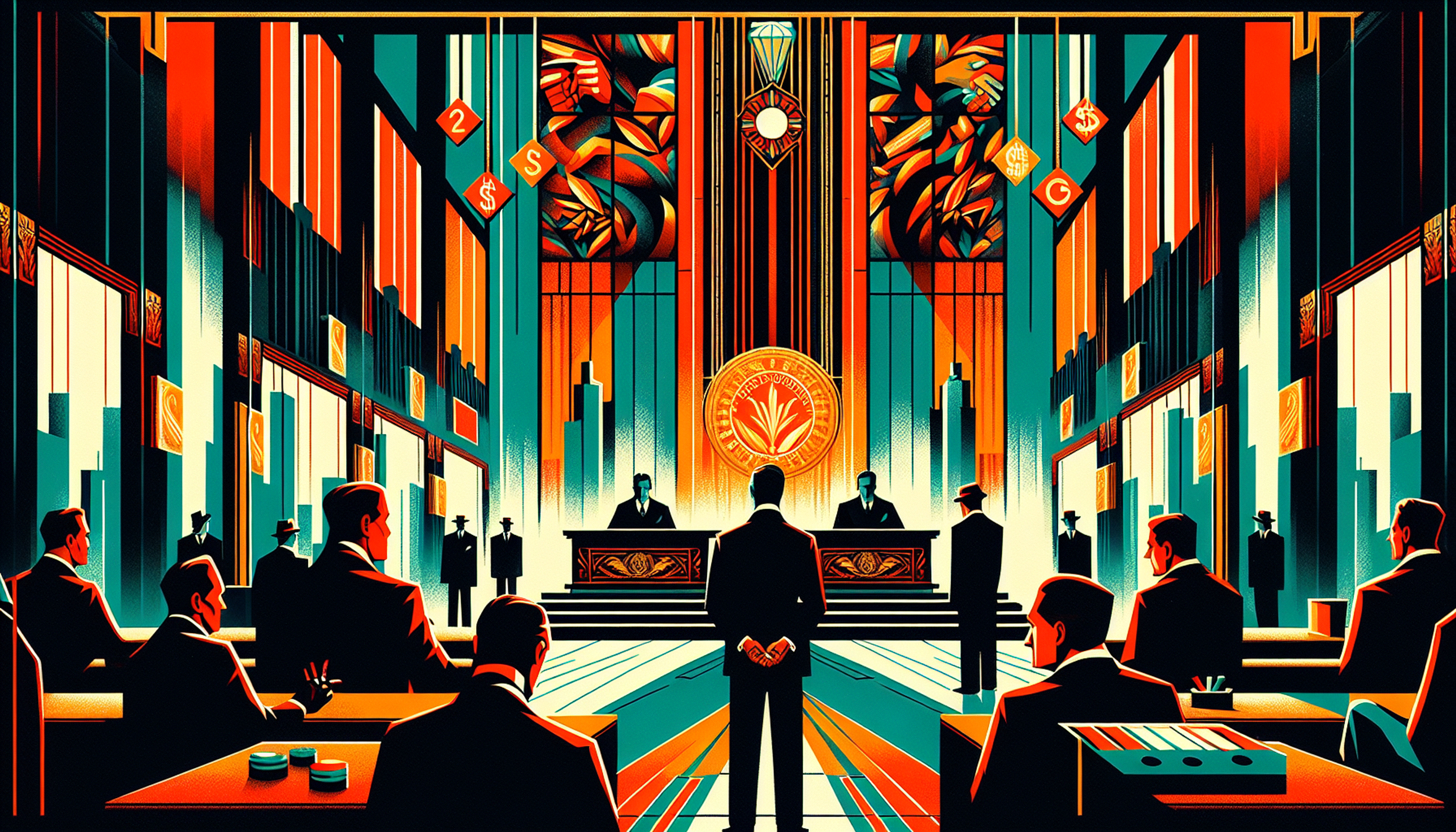 Stylized courtroom with figures in suits