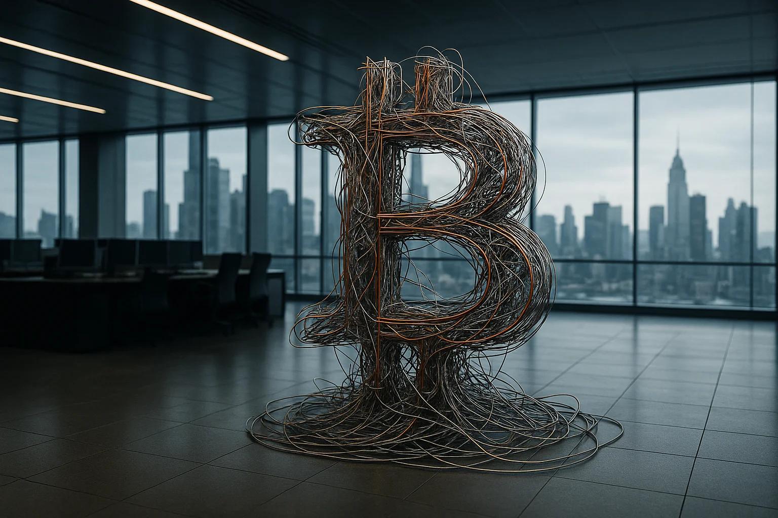 Sculpture of a Bitcoin symbol made of wires in an