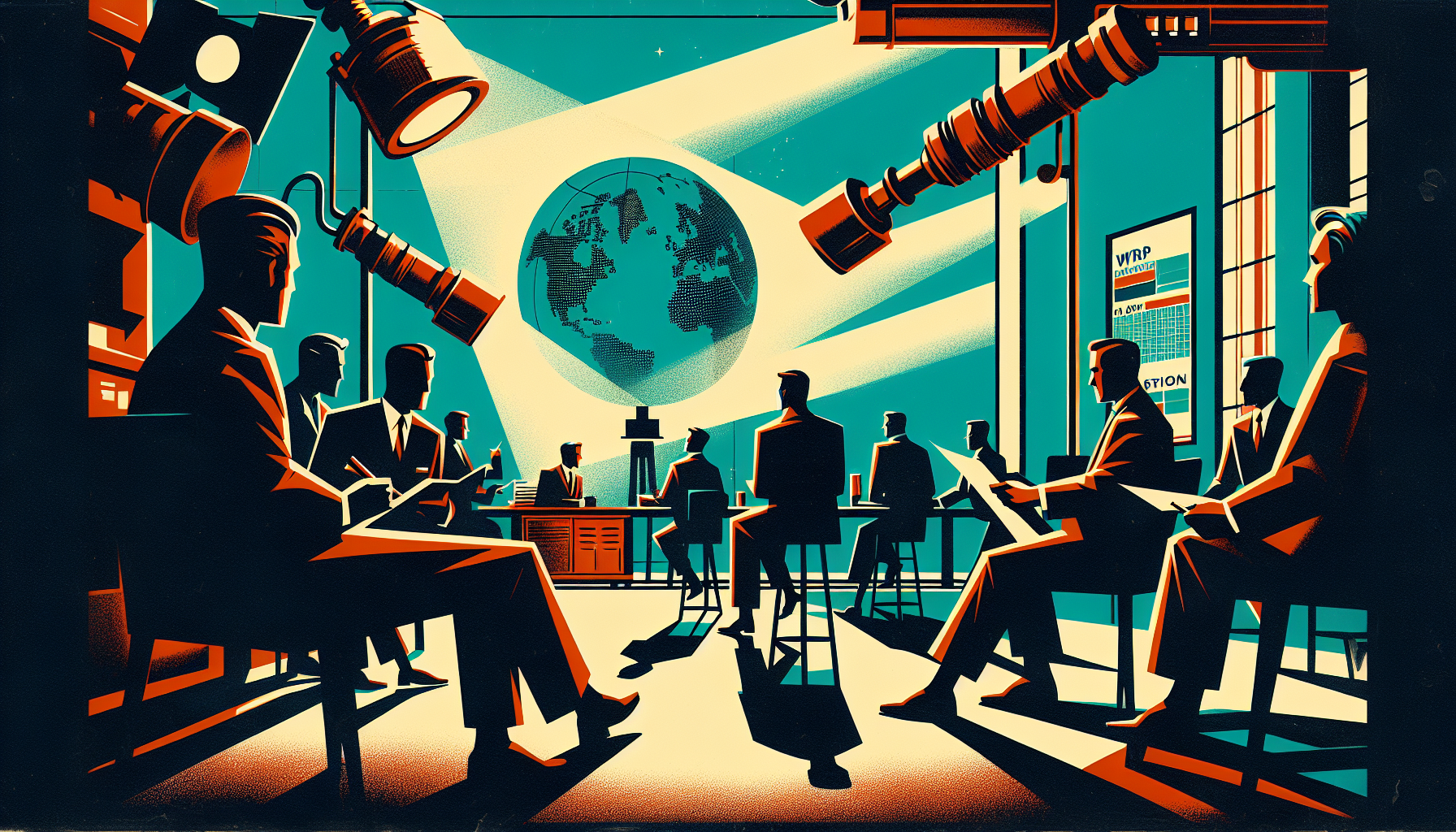 Silhouetted figures in a conference room with a