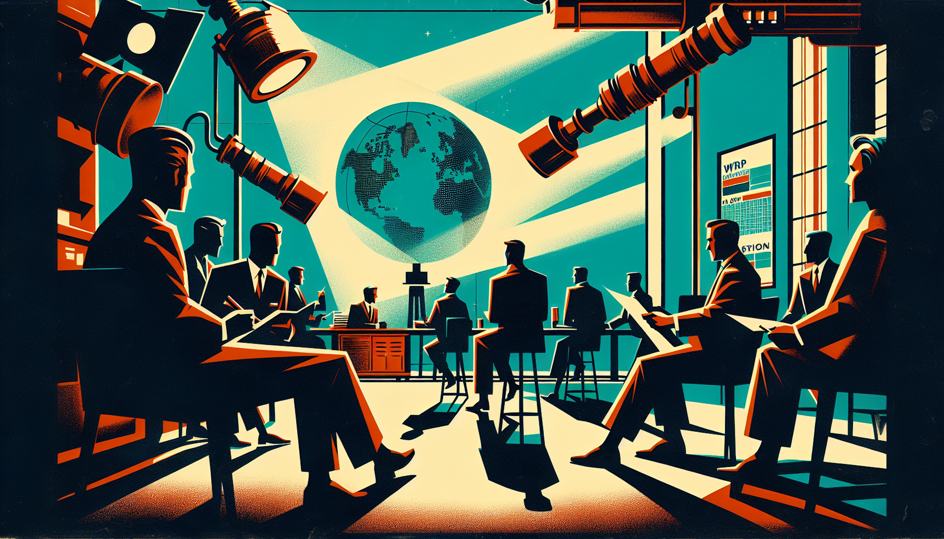 Silhouetted figures in a conference room with a