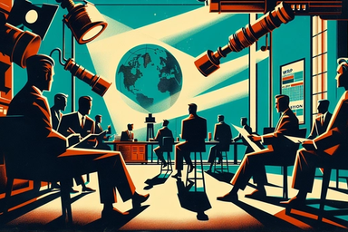 Silhouetted figures in a conference room with a