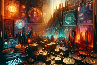 Abstract digital landscape with Bitcoin symbols