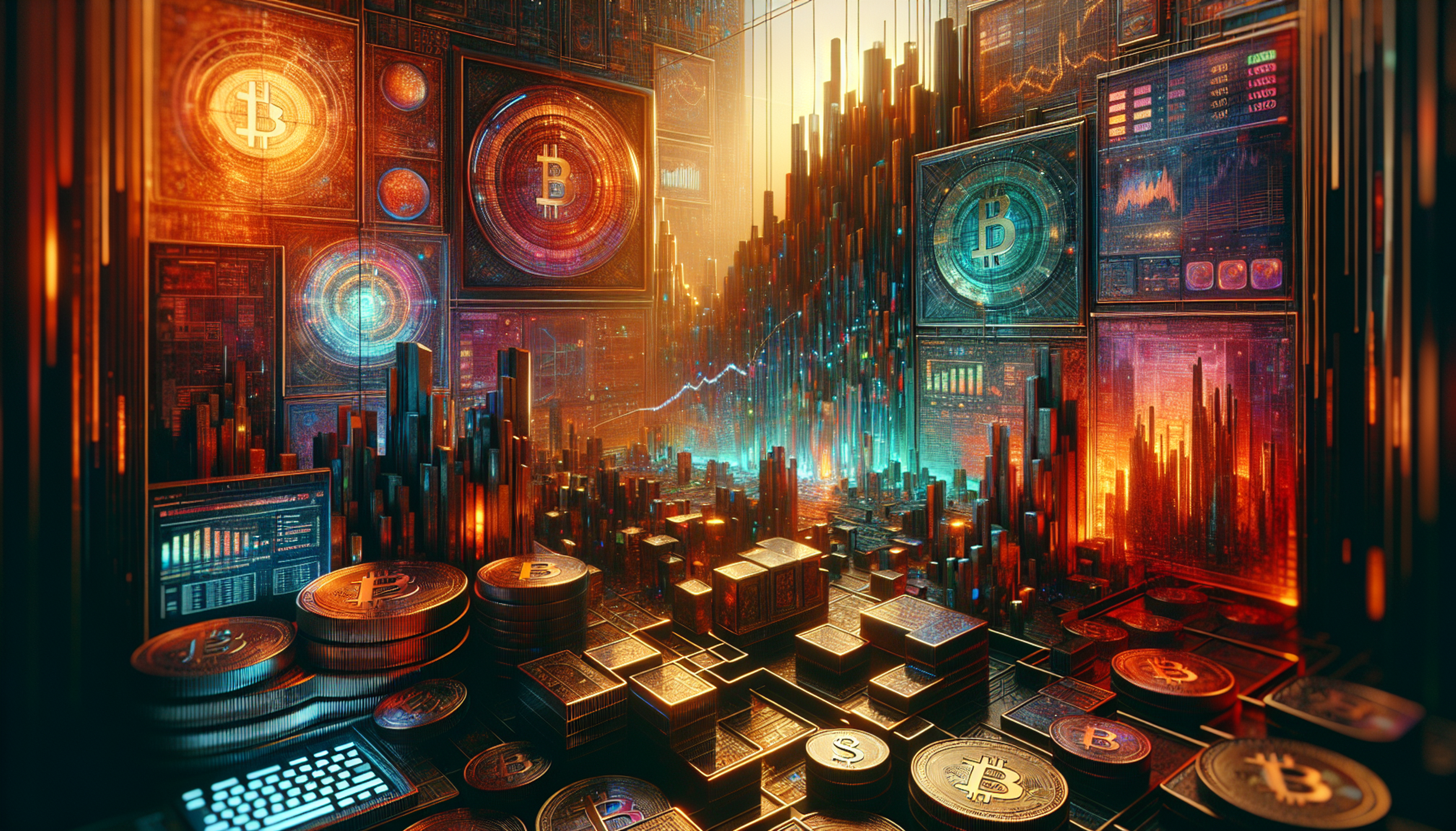 Abstract digital landscape with Bitcoin symbols