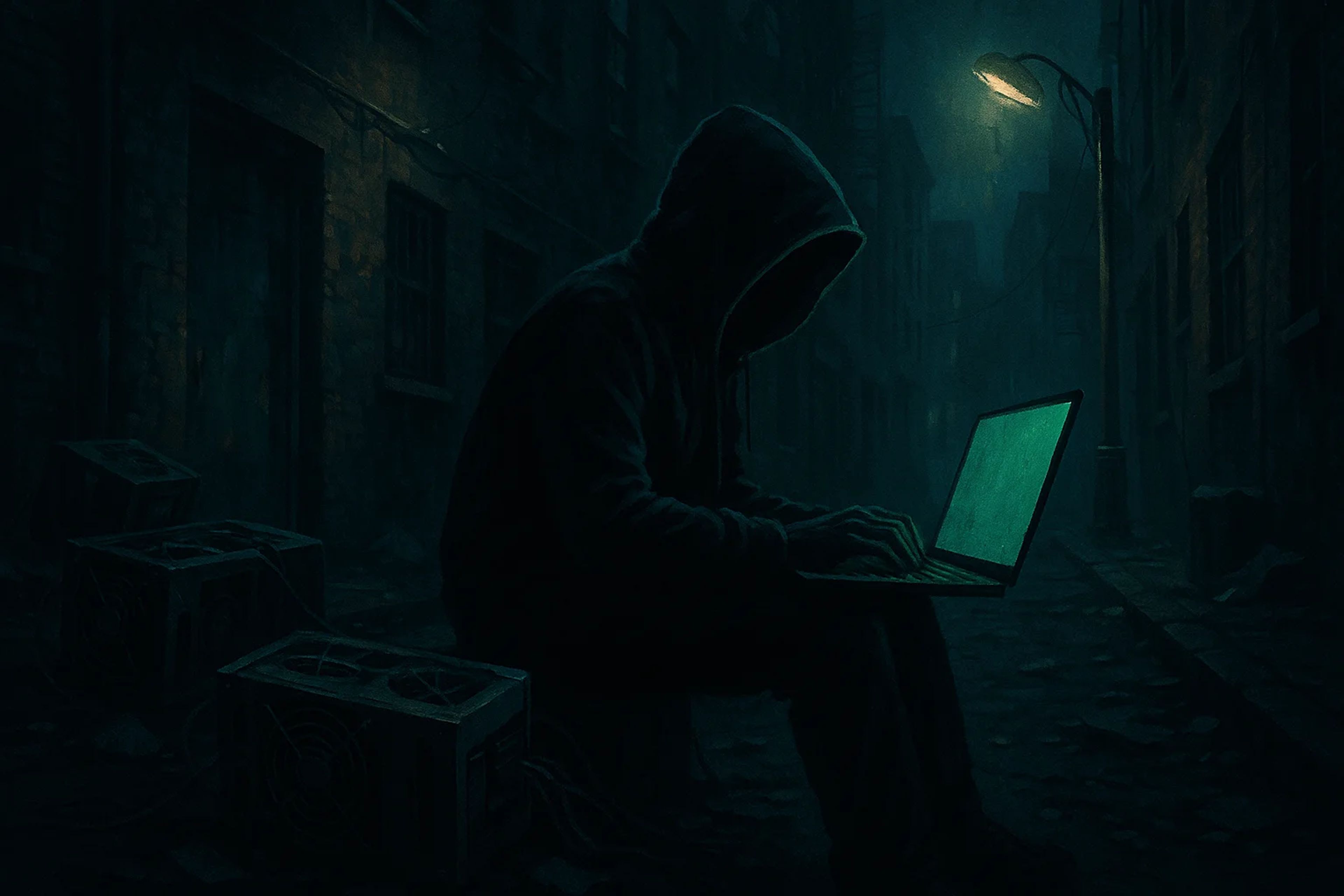 A hooded figure sits in a dark alley using a
