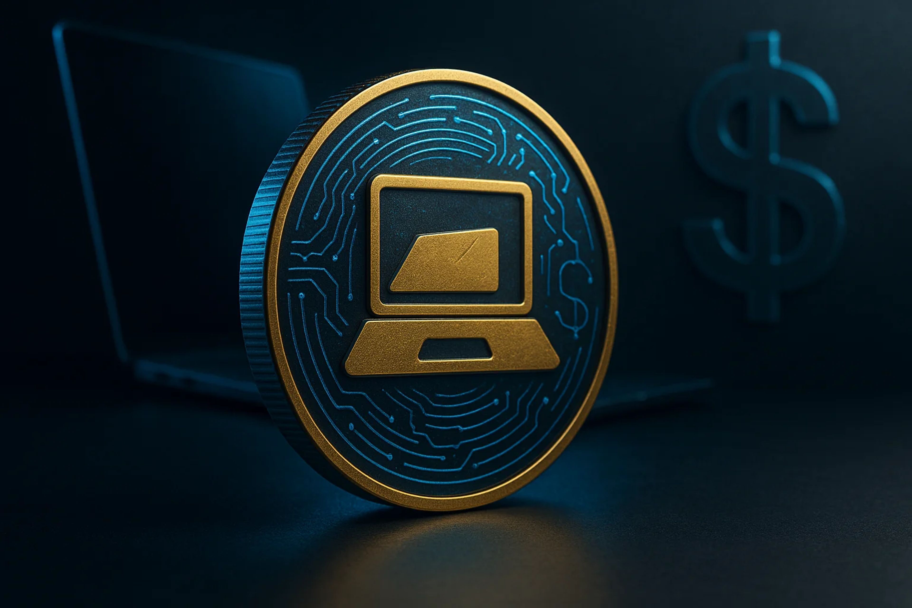 A gold and blue coin with a computer icon, set