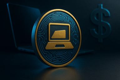 A gold and blue coin with a computer icon, set