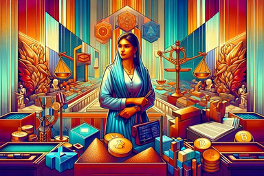 A stylized scene featuring a woman in a blue