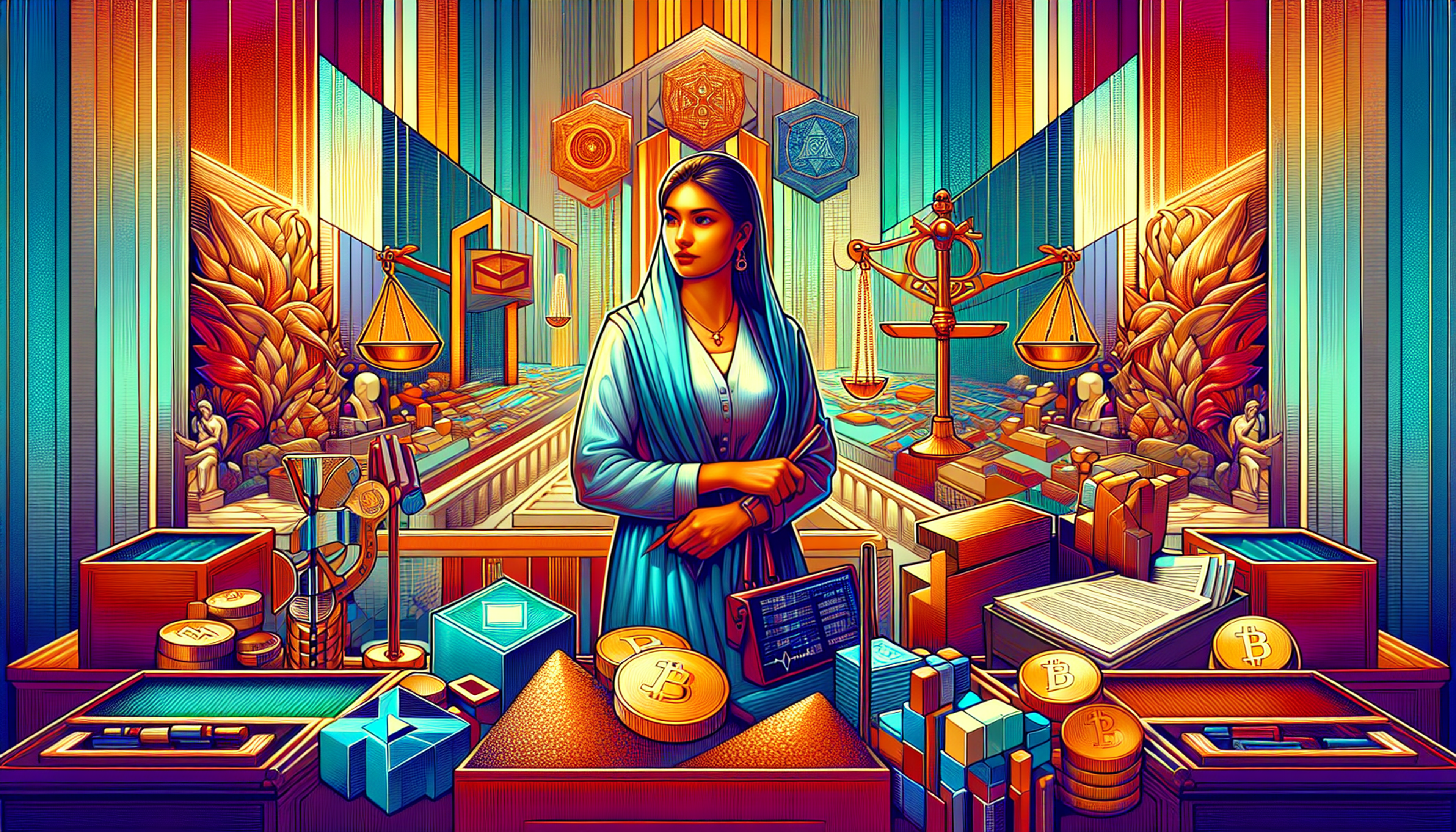 A stylized scene featuring a woman in a blue