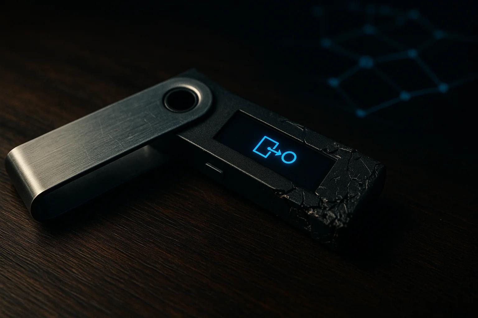 A cryptocurrency hardware wallet on a wooden