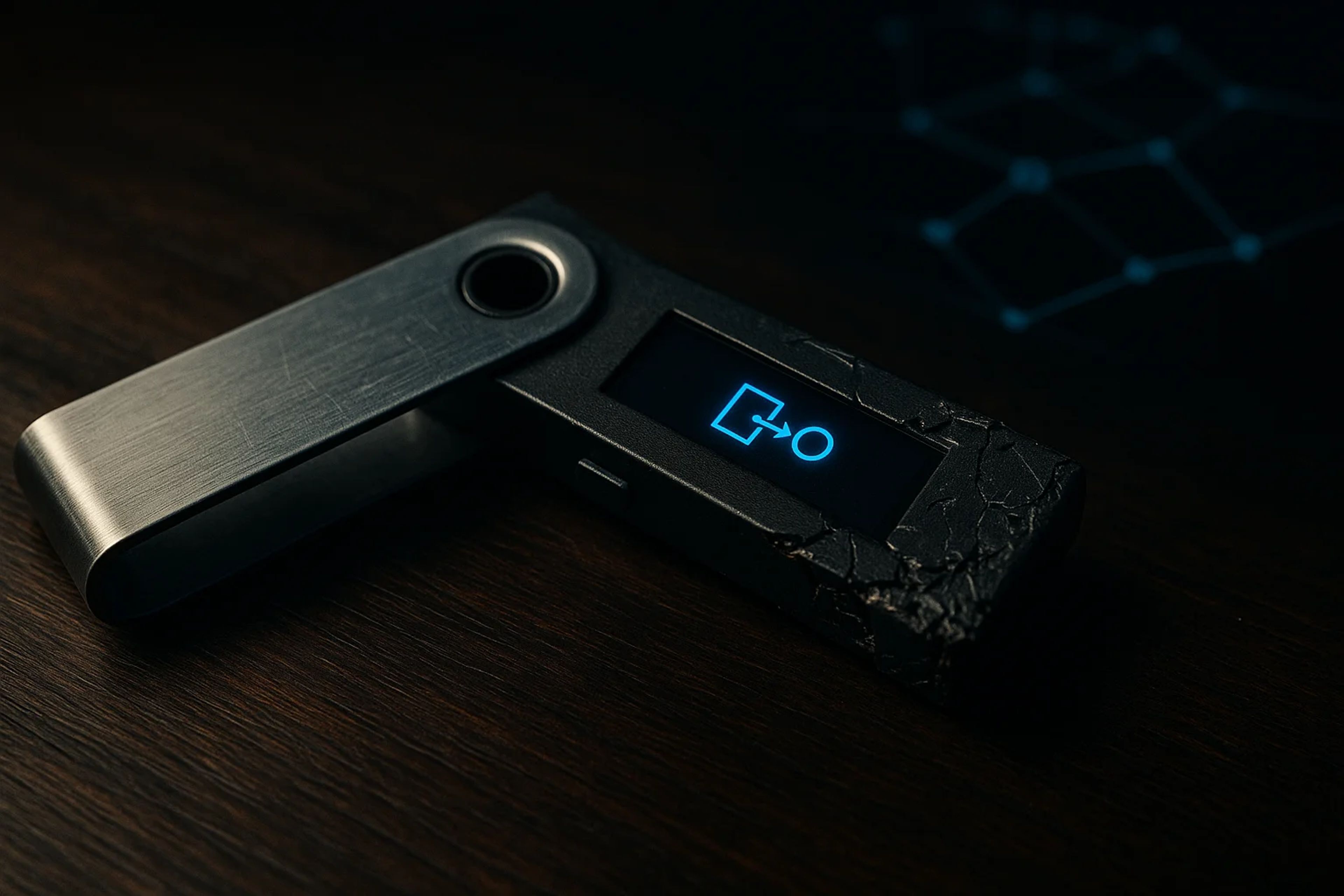 A cryptocurrency hardware wallet on a wooden