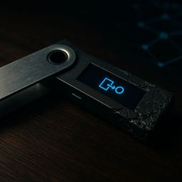 A cryptocurrency hardware wallet on a wooden