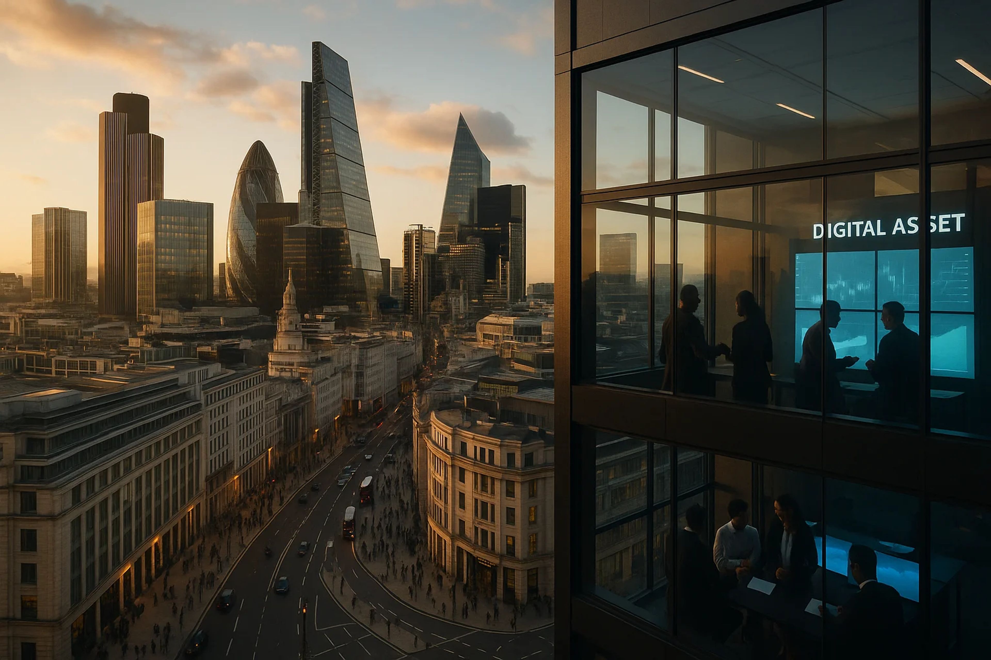 City skyline at sunset with modern skyscrapers