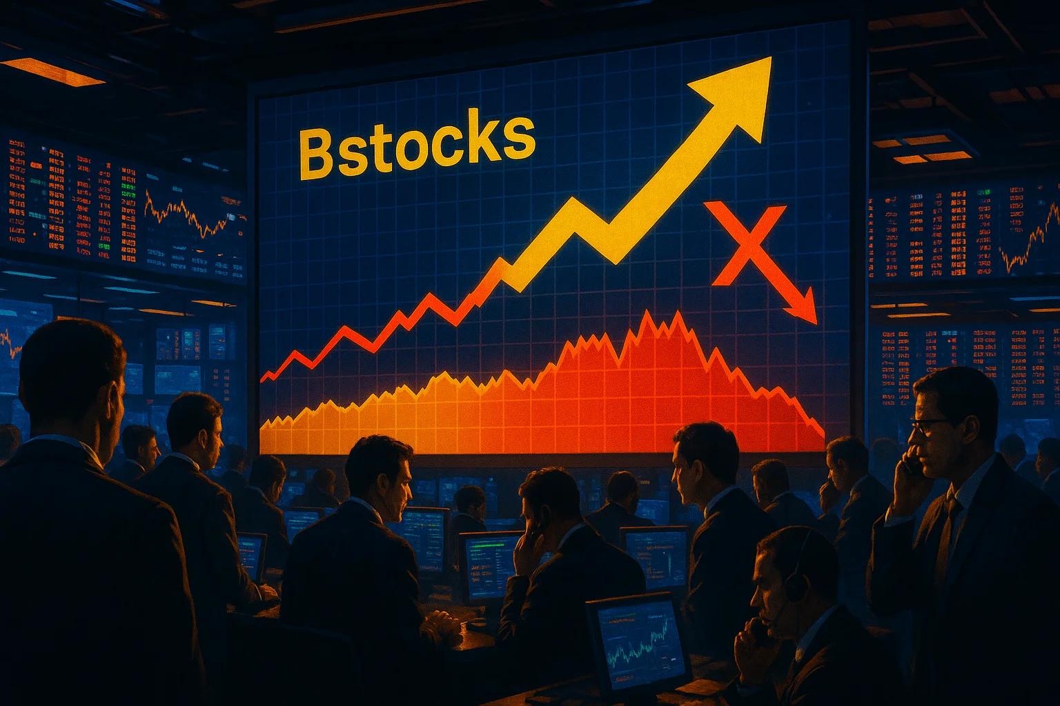 Stock market trading floor with rising graph