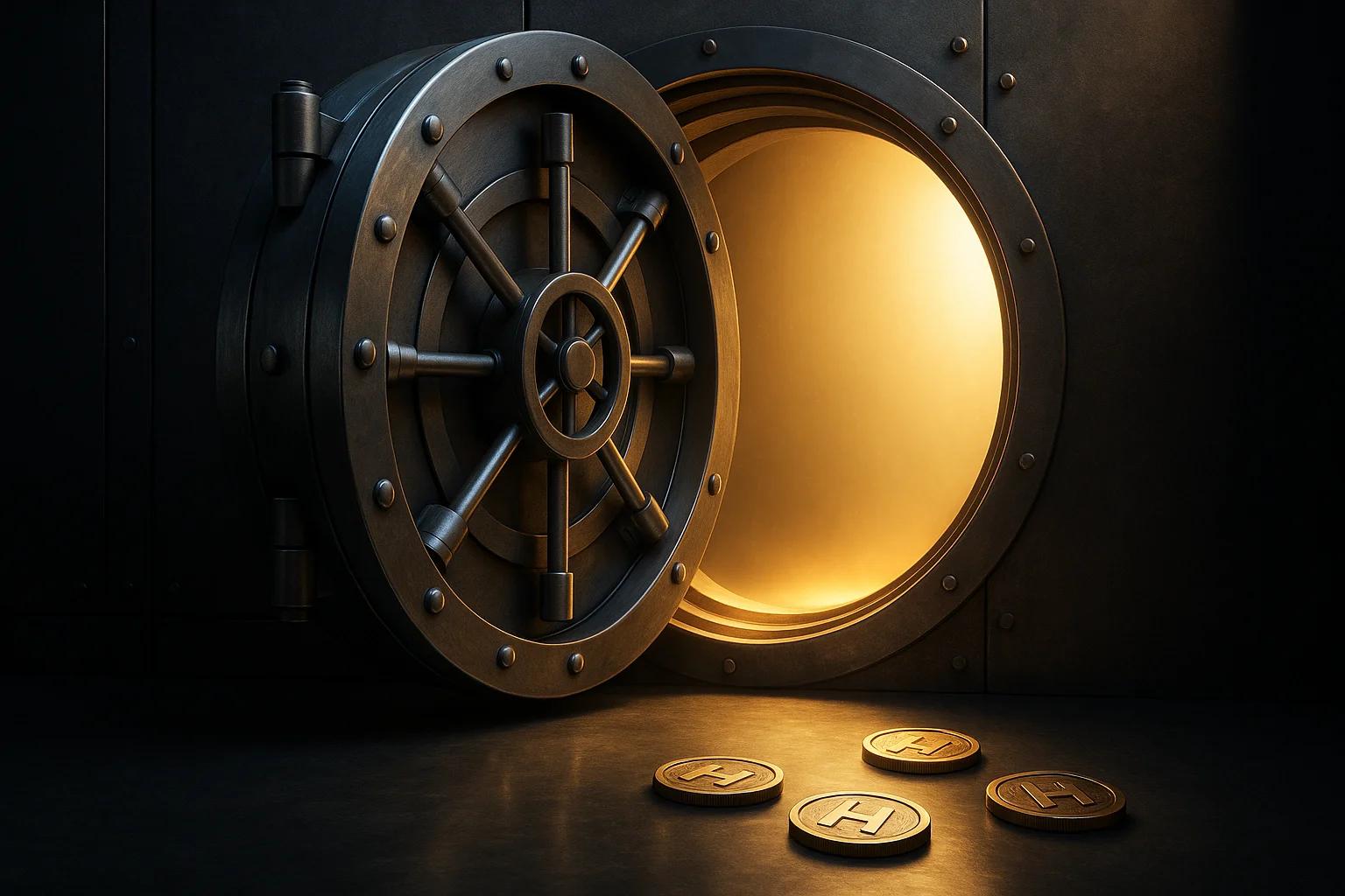 Open vault door with golden light and coins