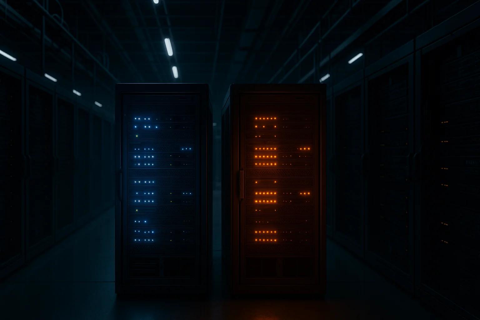 Two server racks illuminated in blue and orange