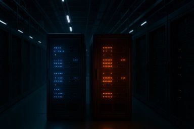 Two server racks illuminated in blue and orange