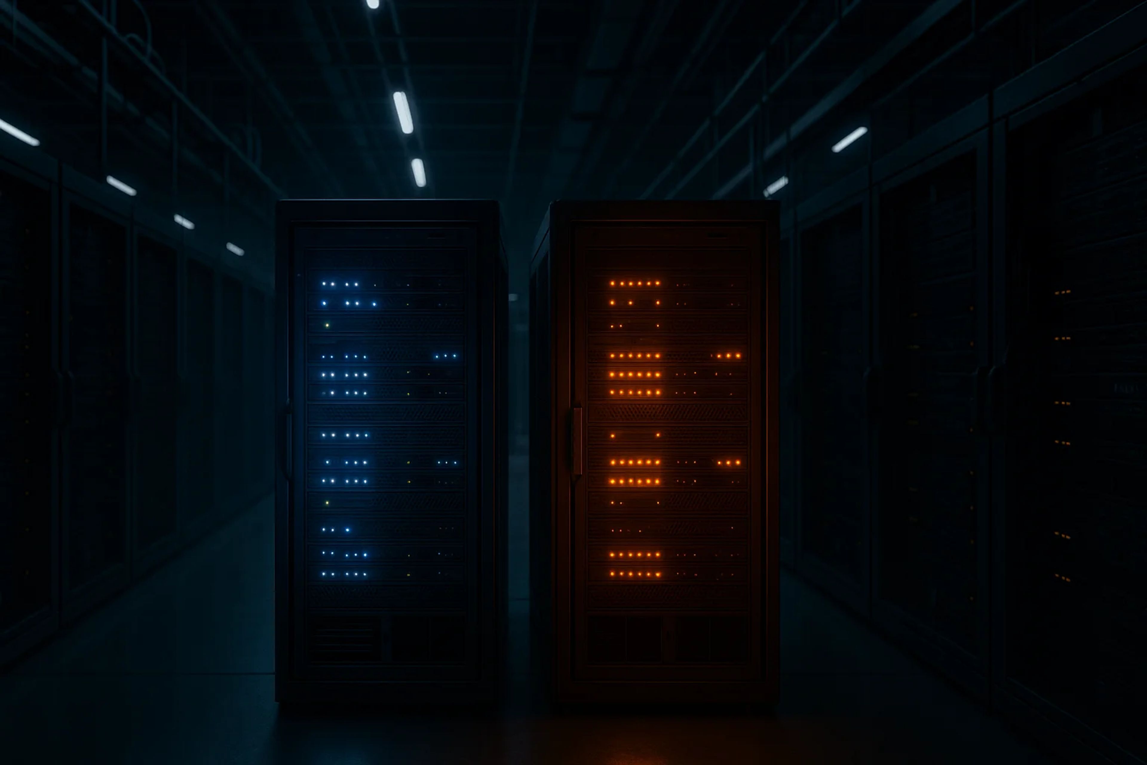 Two server racks illuminated in blue and orange