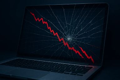 A laptop screen displaying a cracked surface with
