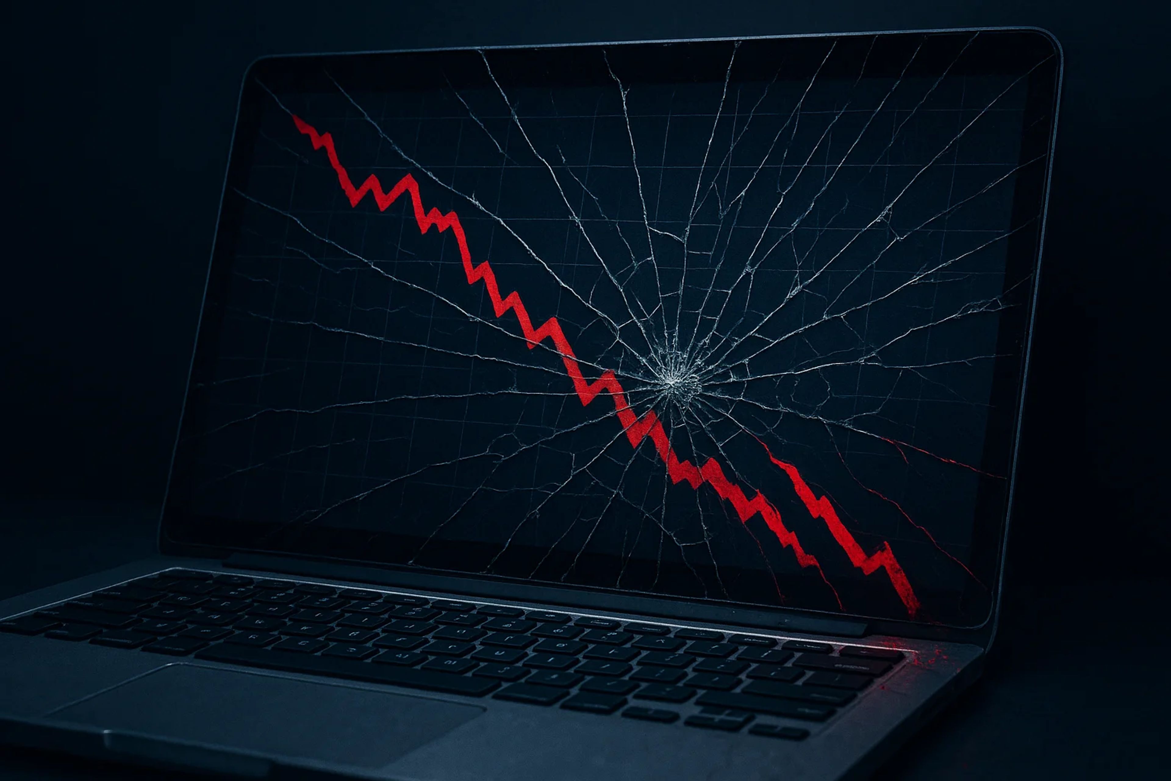 A laptop screen displaying a cracked surface with