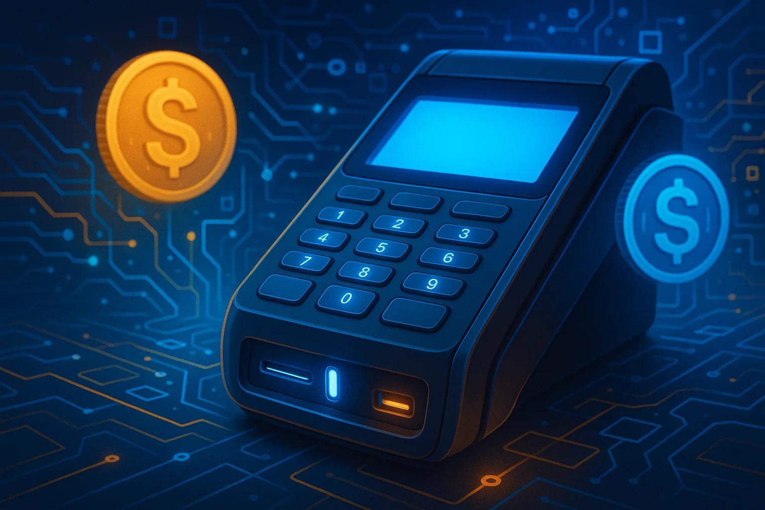 A digital payment terminal with glowing buttons