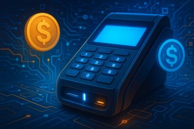 A digital payment terminal with glowing buttons