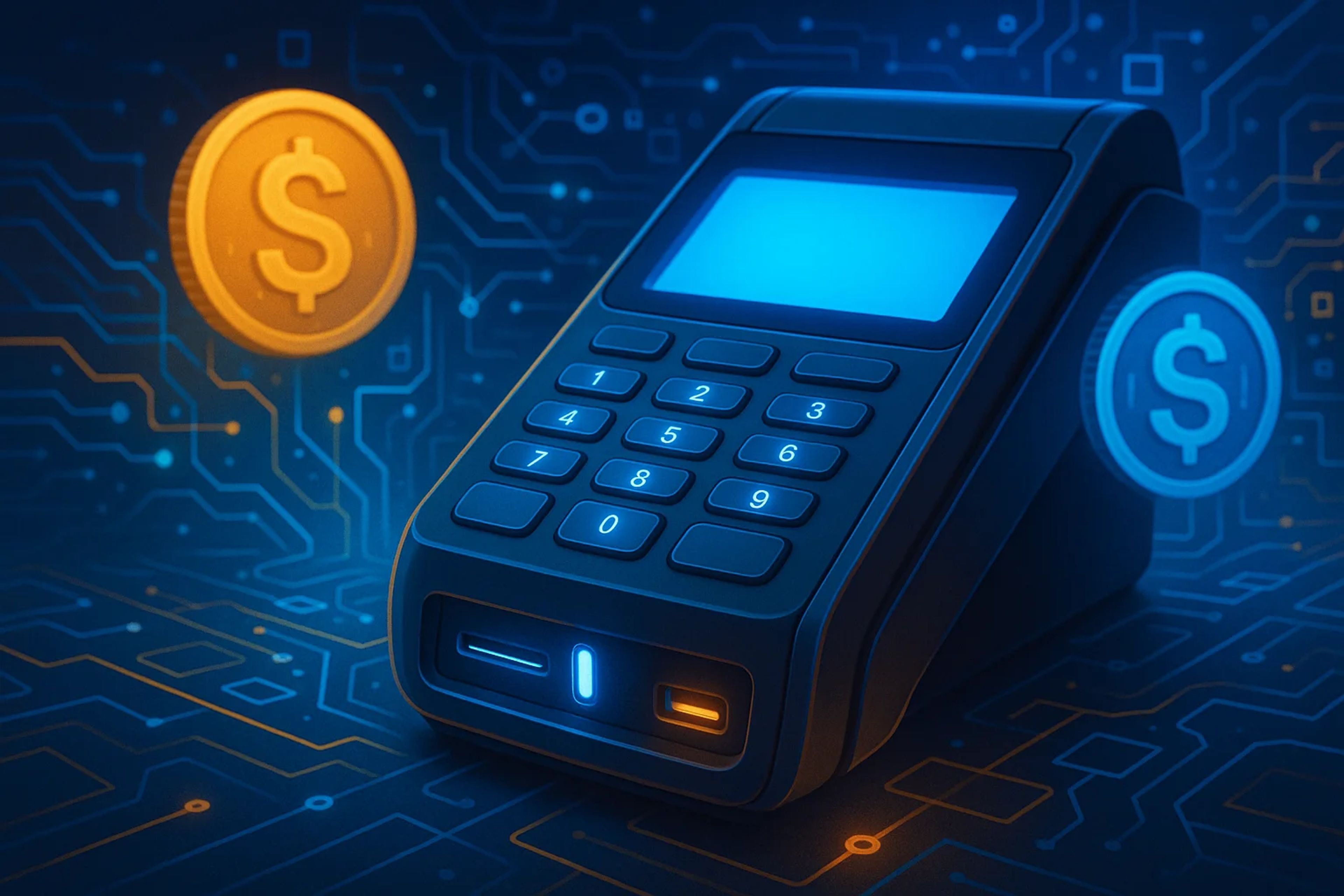 A digital payment terminal with glowing buttons