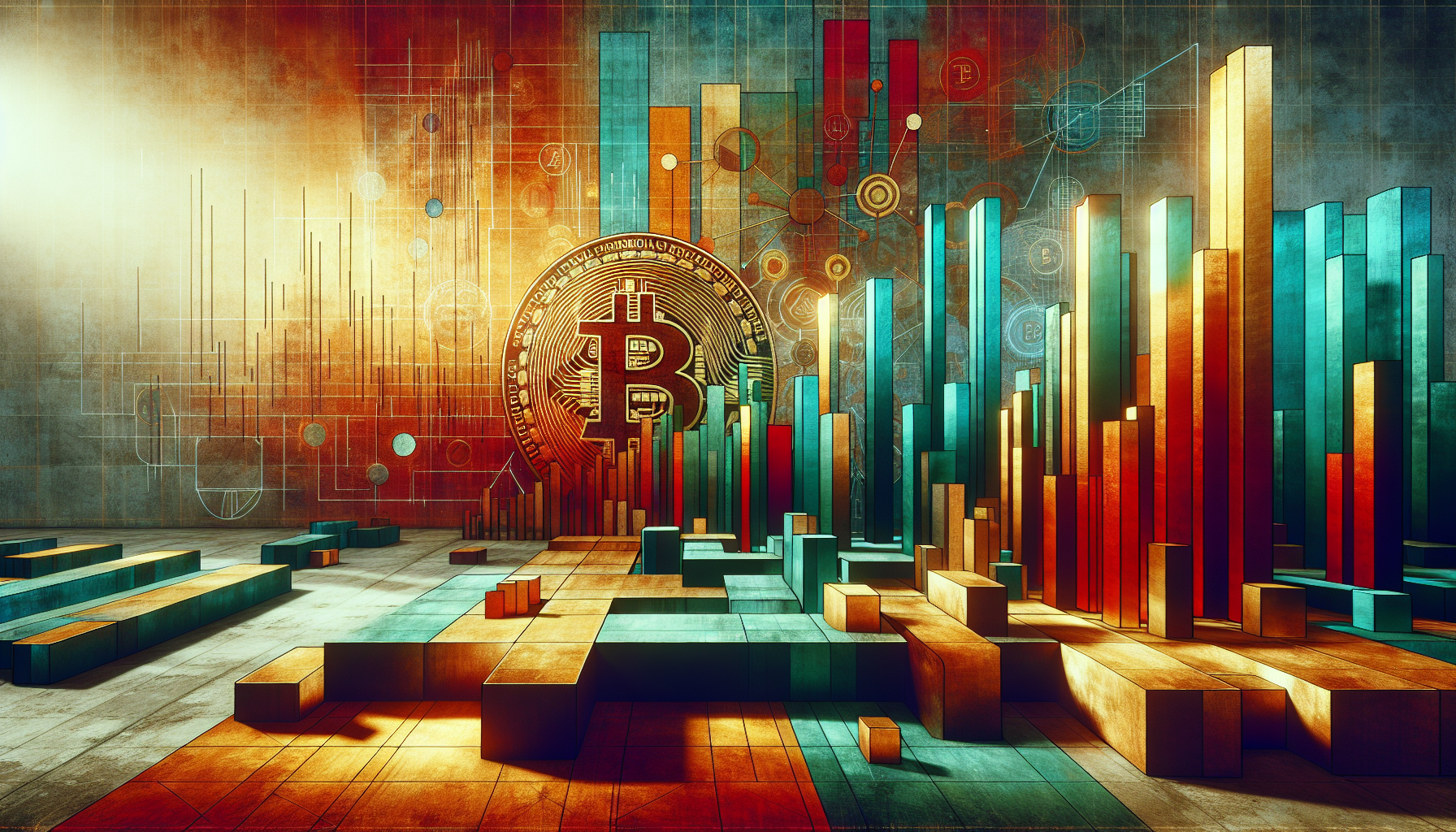 Colorful 3D bar graph with Bitcoin symbol backdrop