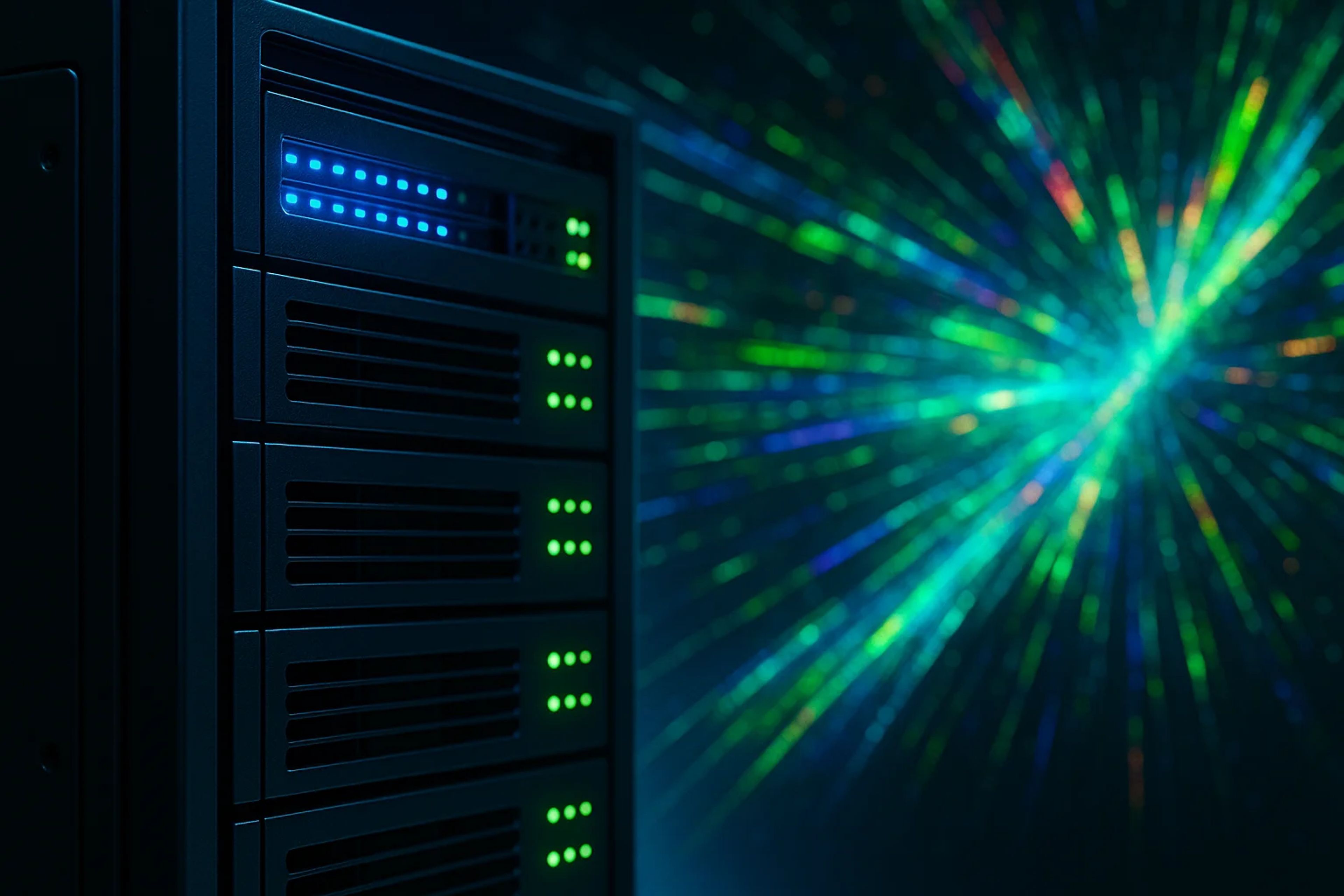 A dark server rack with glowing lights and