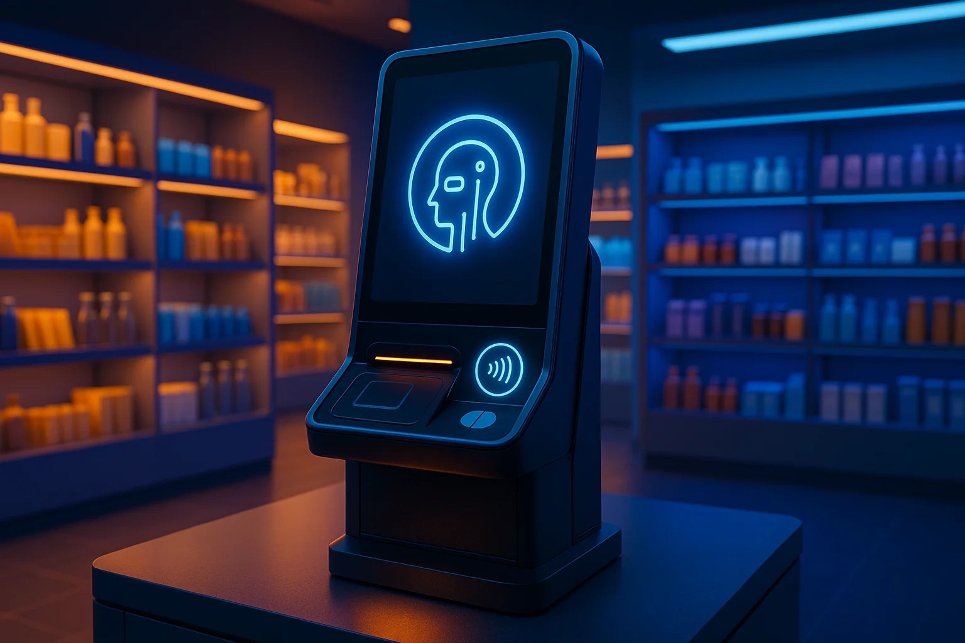 A sleek self-service kiosk with a glowing blue