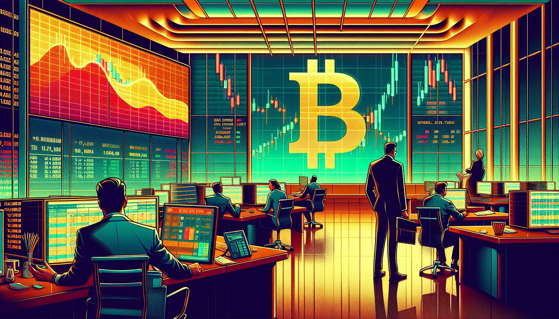 A modern trading room with large screens