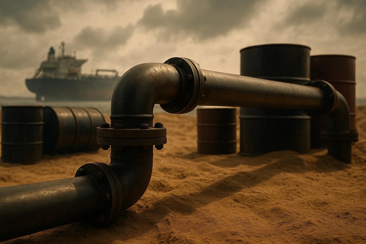 Industrial pipes and barrels on sandy ground