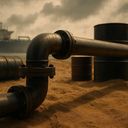 Industrial pipes and barrels on sandy ground