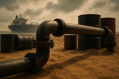 Industrial pipes and barrels on sandy ground