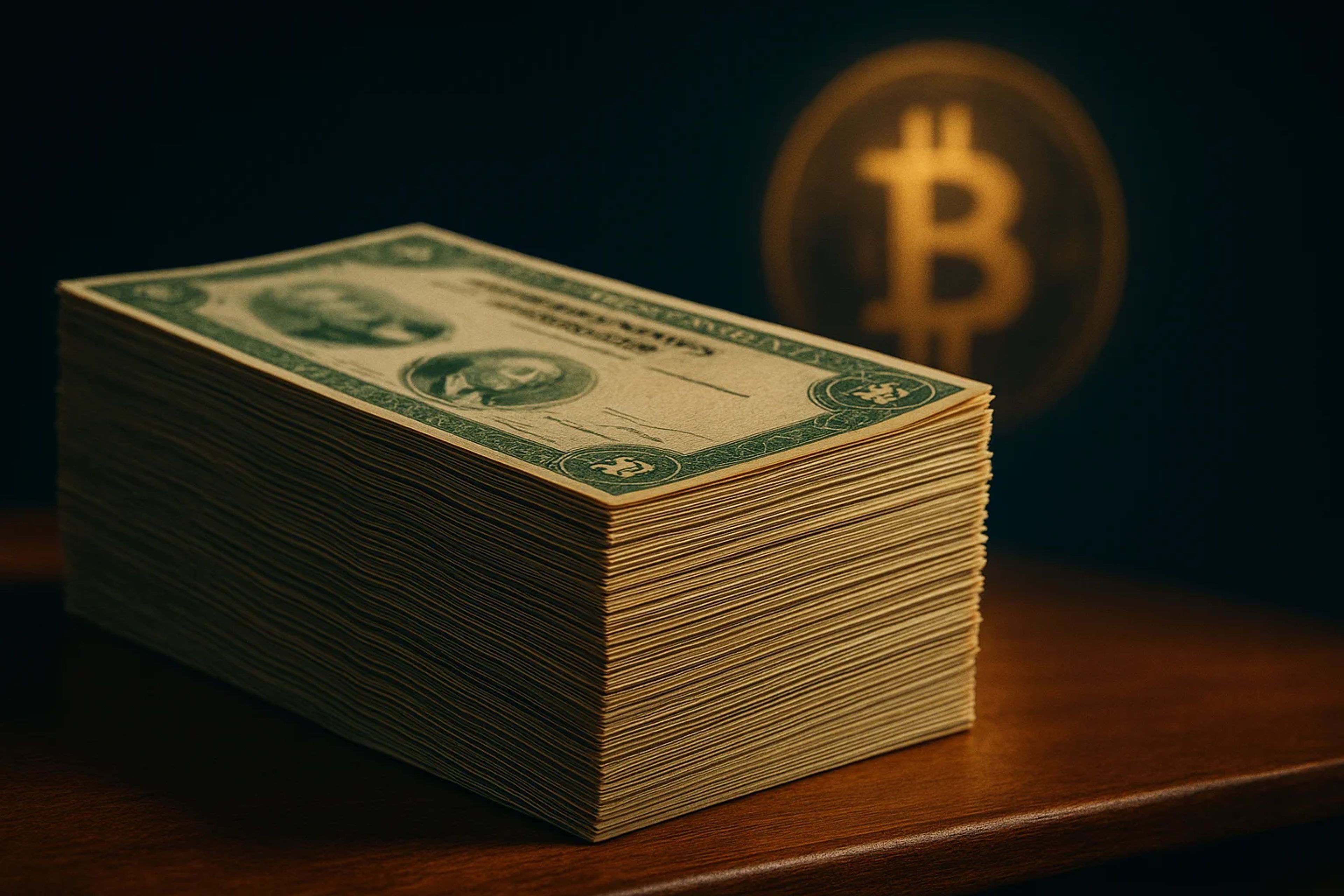 Stack of dollar bills with a Bitcoin symbol in