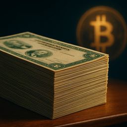Stack of dollar bills with a Bitcoin symbol in