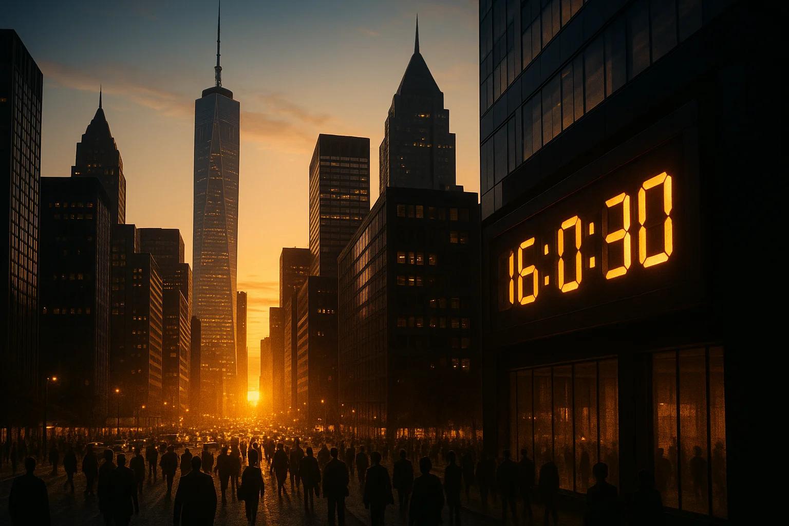 Silhouetted cityscape at sunset with tall