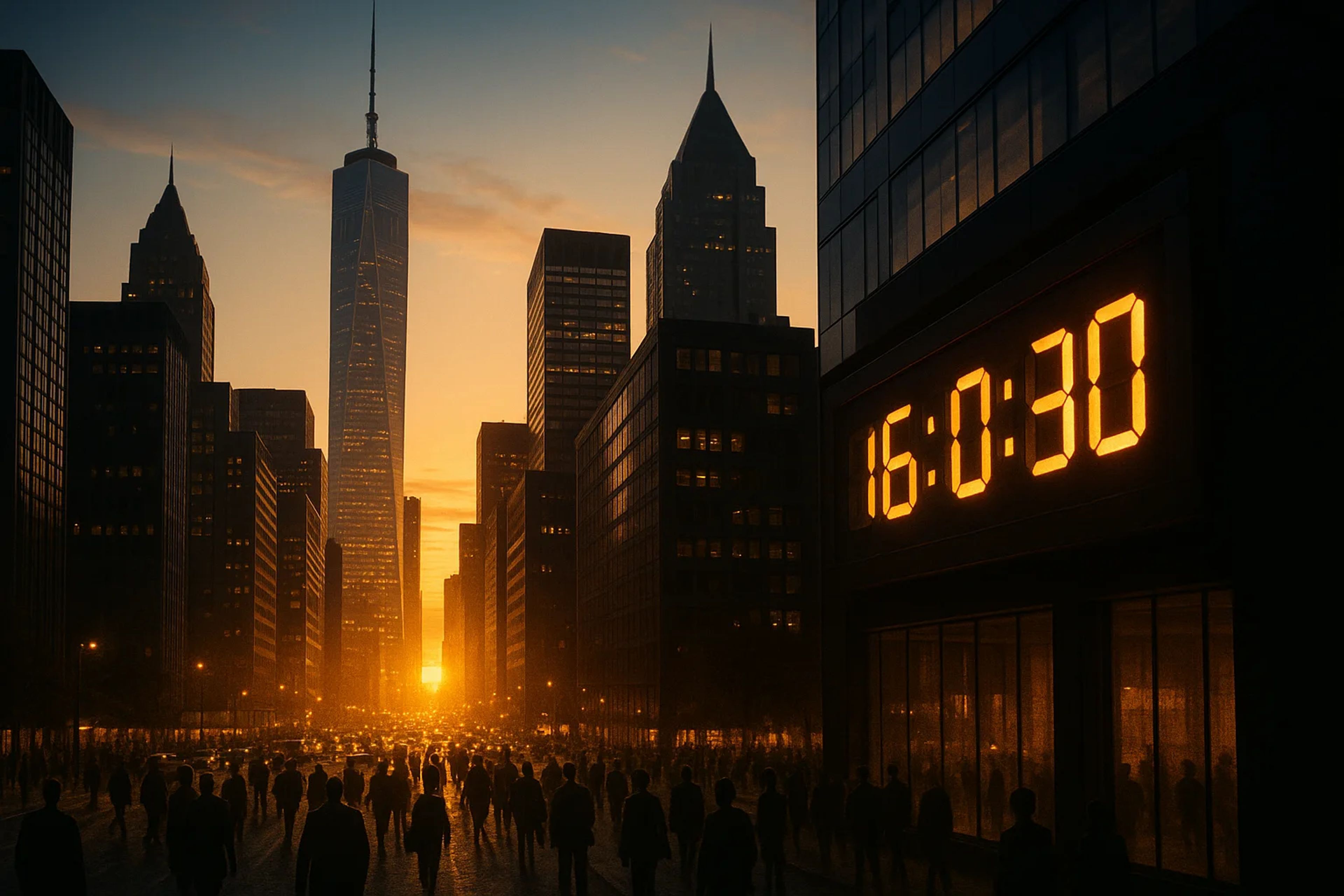Silhouetted cityscape at sunset with tall