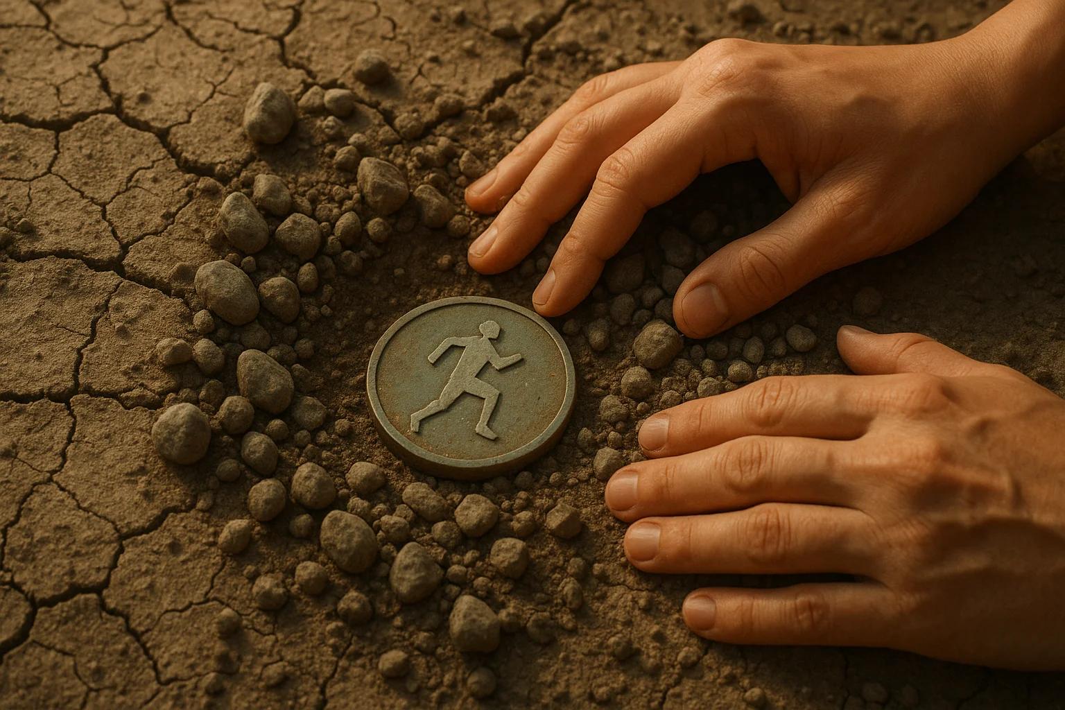 Hands placing a medal on cracked earth surrounded