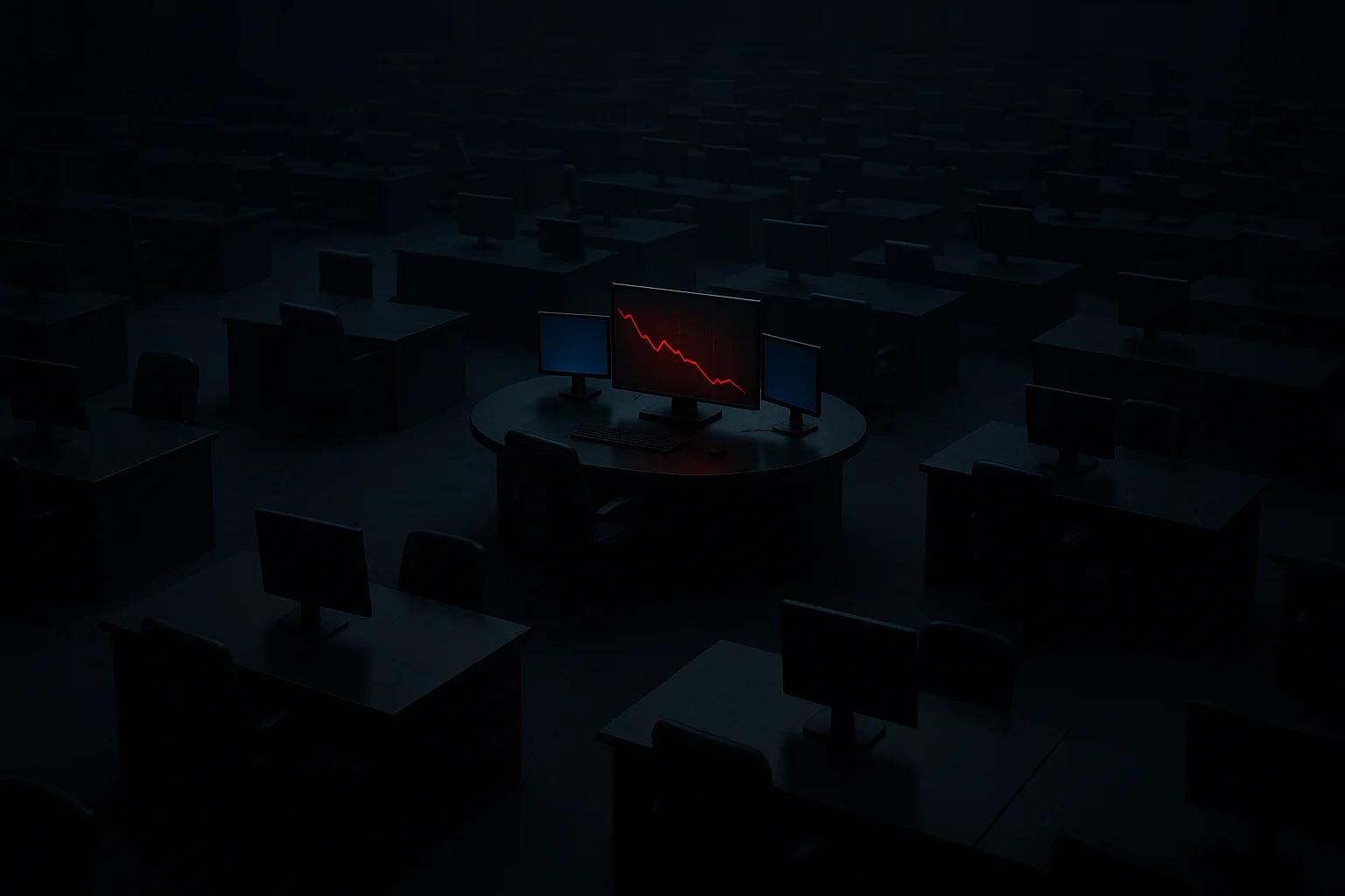 Dimly lit office with empty desks and a monitor