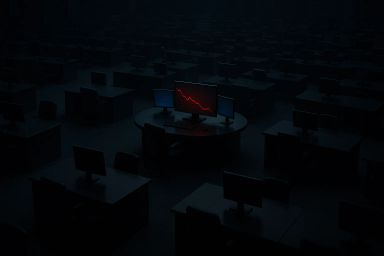 Dimly lit office with empty desks and a monitor