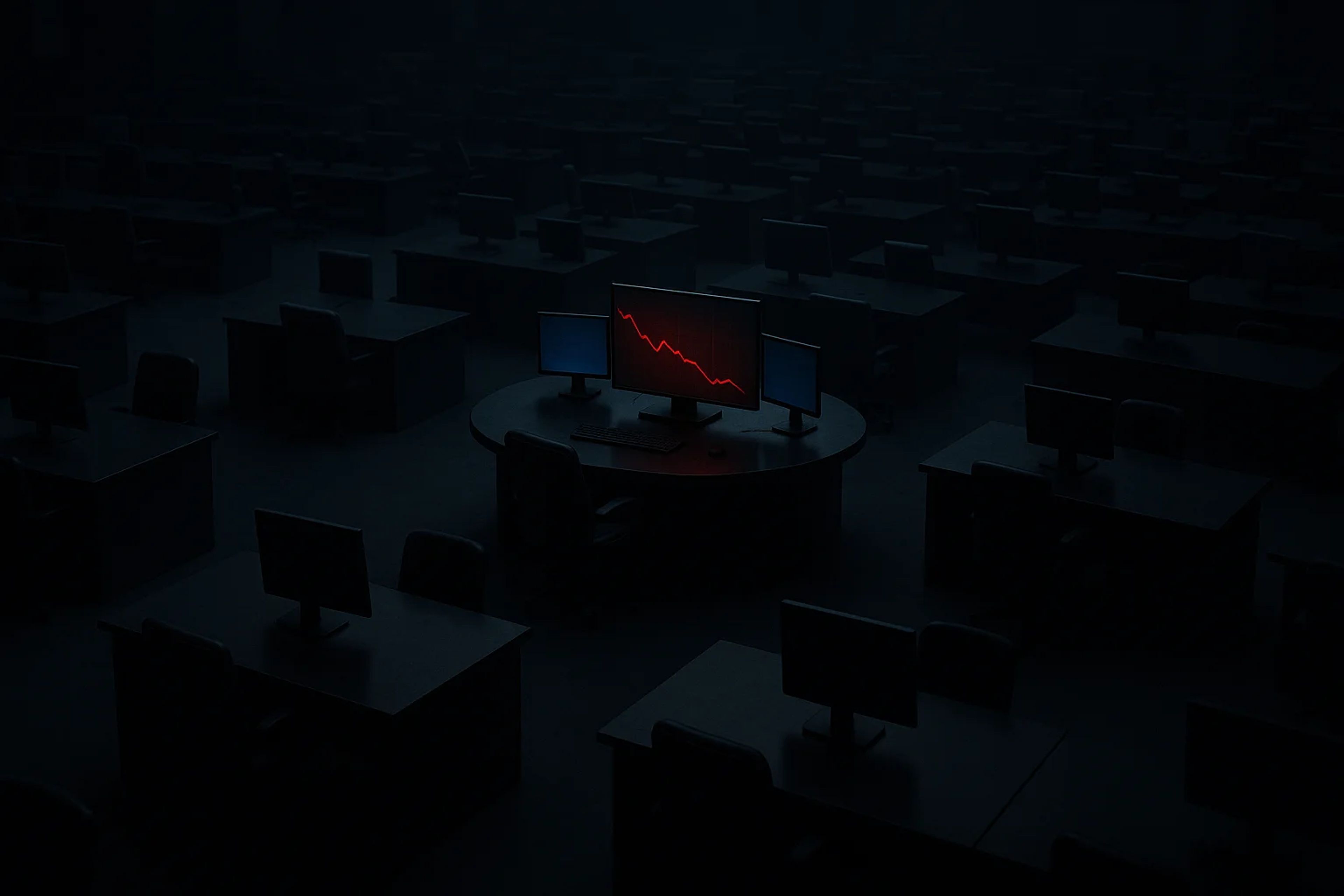 Dimly lit office with empty desks and a monitor