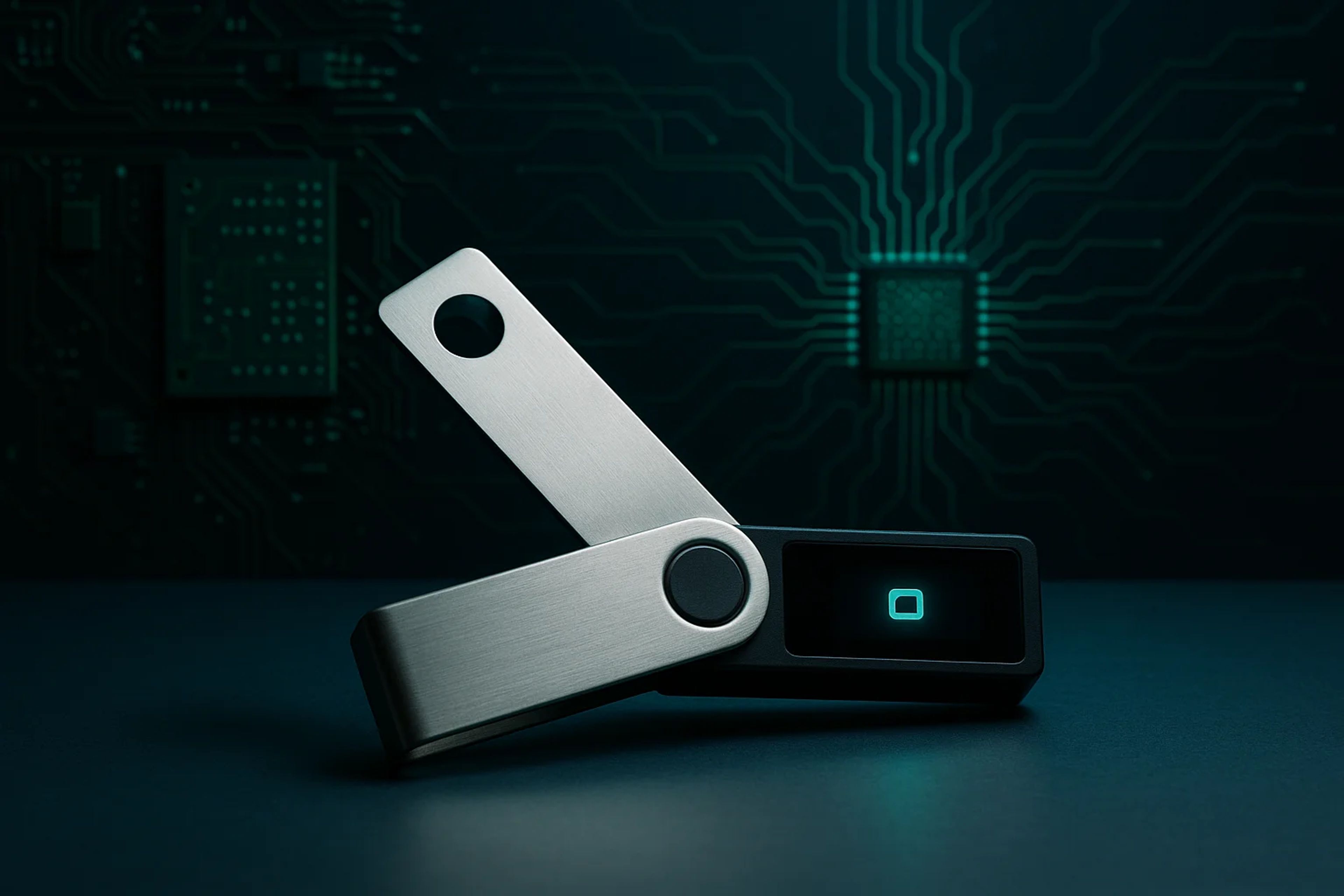 A metallic device with a glowing button, set
