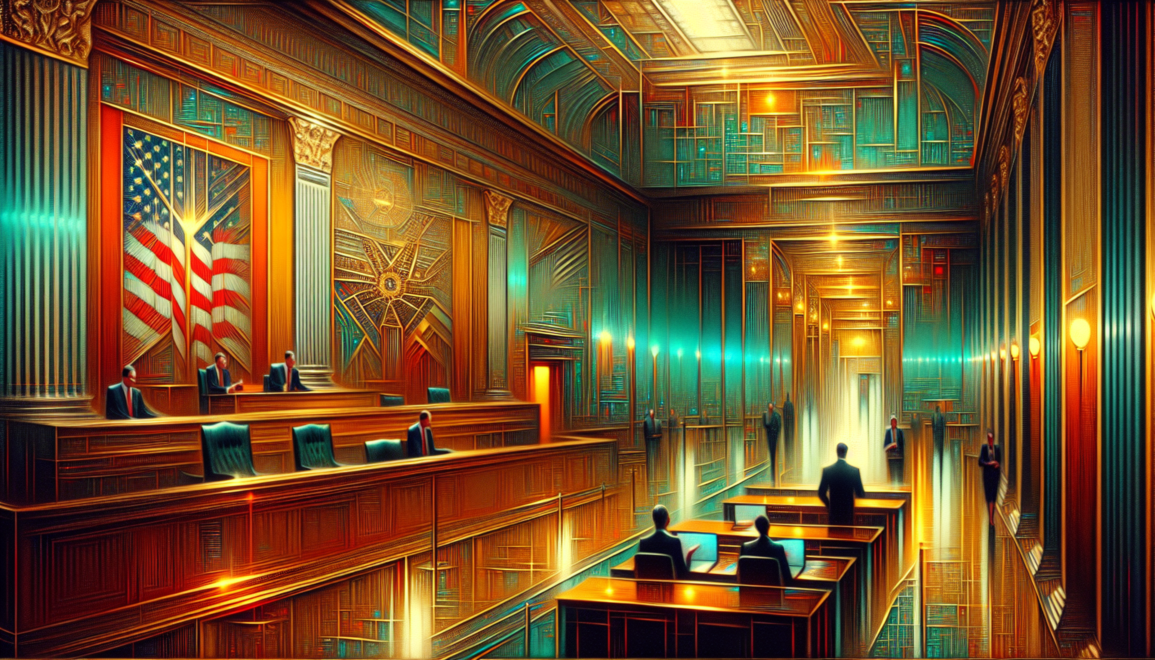 A grand, ornate courtroom with wooden panels and