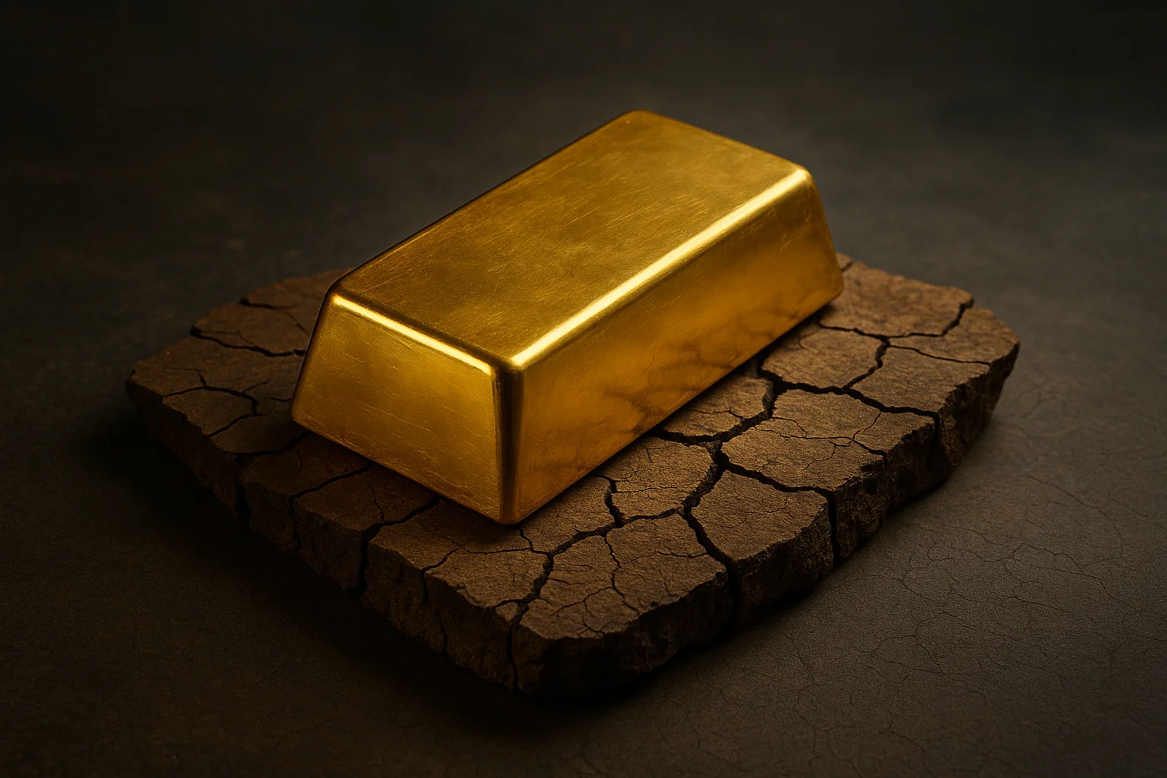 A shiny gold bar resting on a textured stone slab